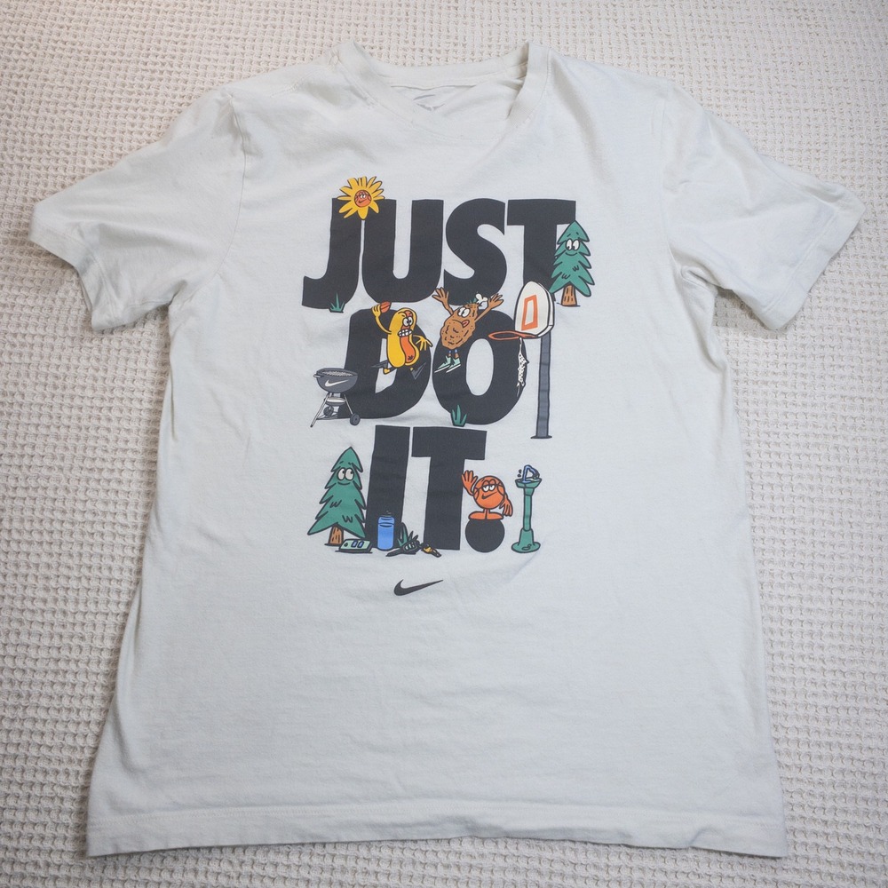 Nike Just Do It Graphic T-Shirt Mens Small White Outdoor Cartoon Swoosh Tee